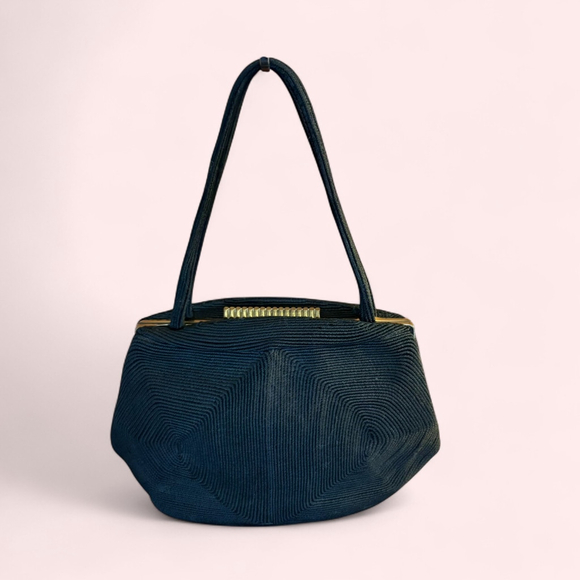 Vintage Handbags - Vintage 40s 50s Le Faye Black Handbag | MCM Woven Corde Purse with Top Handle